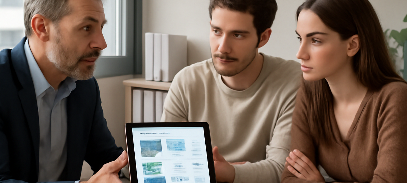 Agente immobiliare mostra a una coppia un tablet con case e dati di mercato in un ufficio moderno in Spagna