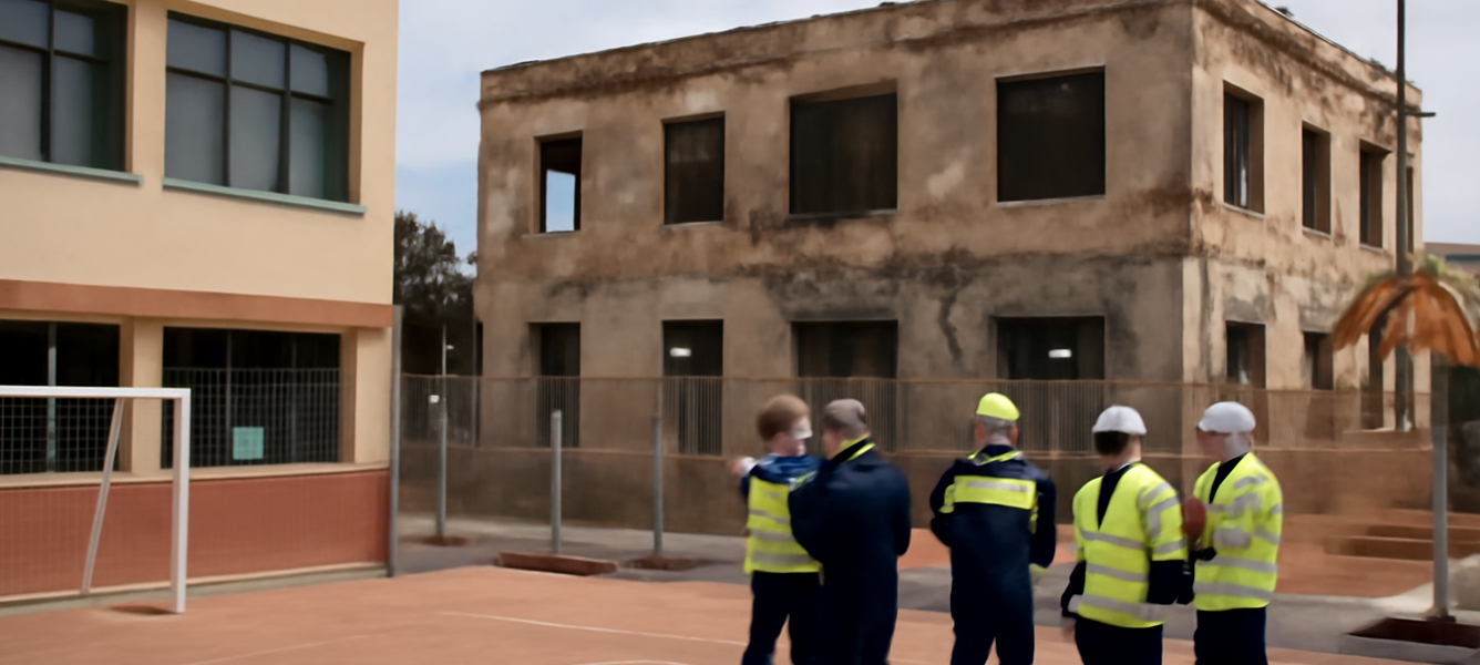 Cortile di una scuola a Puerto del Rosario con vecchie case dei maestri degradate sullo sfondo e tecnici in sopralluogo