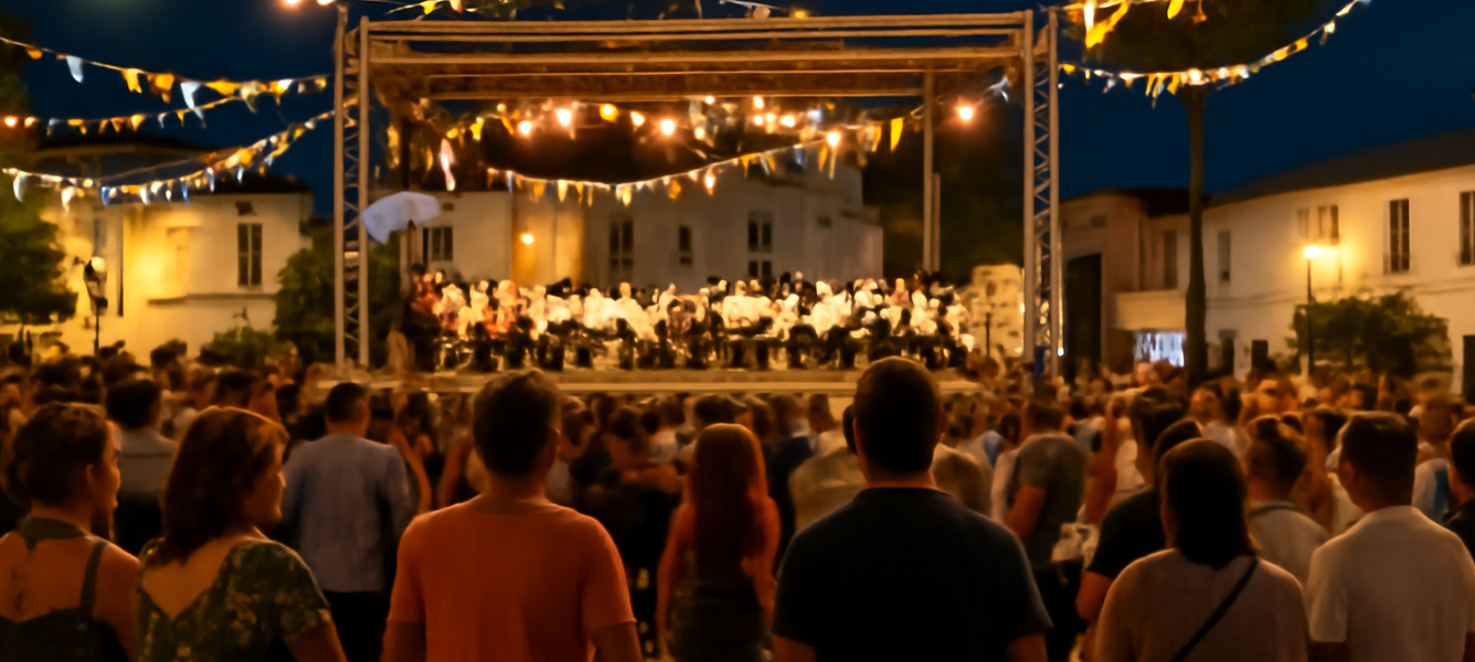 Piazza di Antigua, Fuerteventura, illuminata per un concerto serale con folla e bandiera