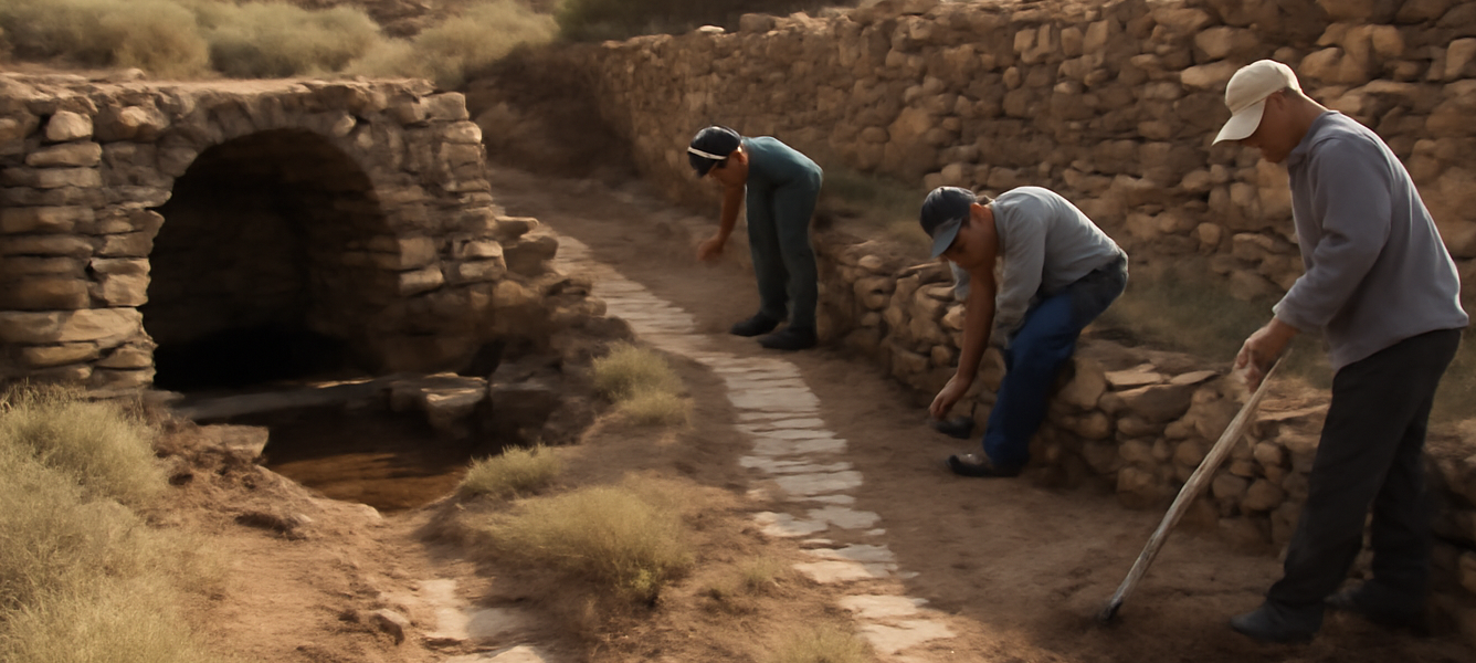 Operai del Cabildo completano il restauro della Fuente de Manitaga tra muri in pietra e terreno arido a Tuineje