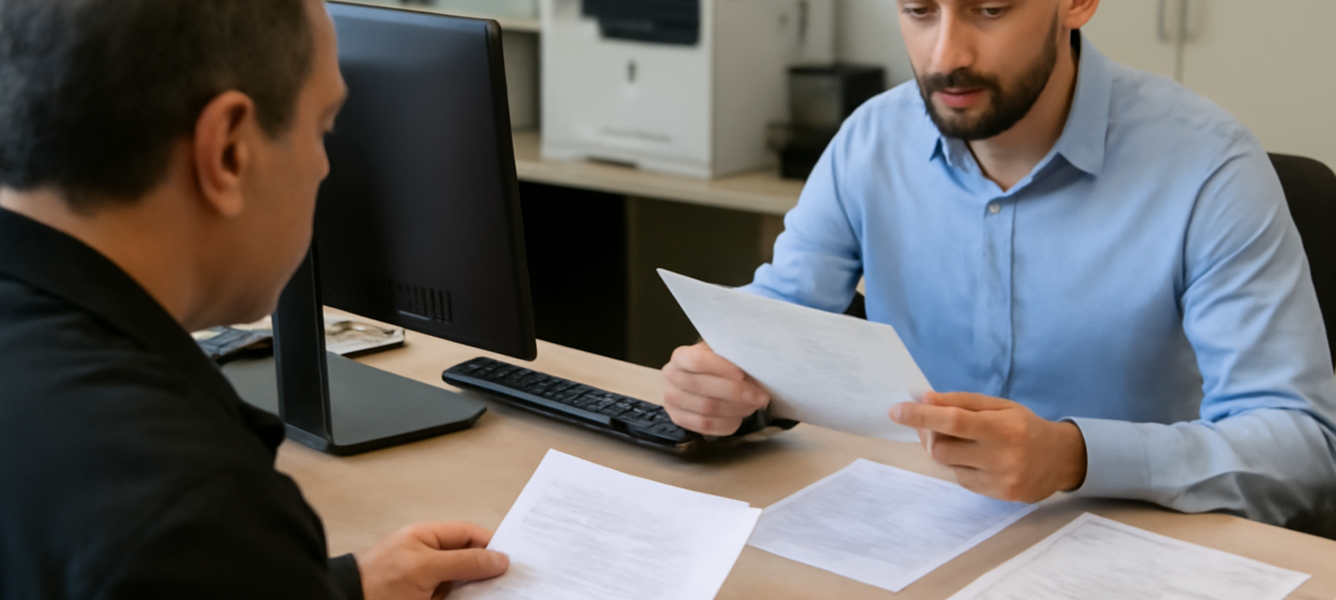 Differenza Residenza Fiscale legale empadronamiento. Persona adulta allo sportello di un ufficio amministrativo spagnolo