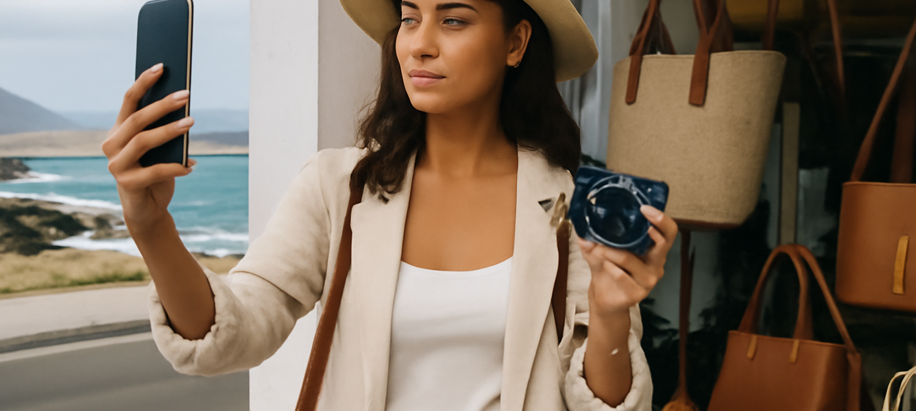 Content creator canaria fotografa contenuti davanti a una boutique a Puerto del Rosario con costa vulcanica sullo sfondo