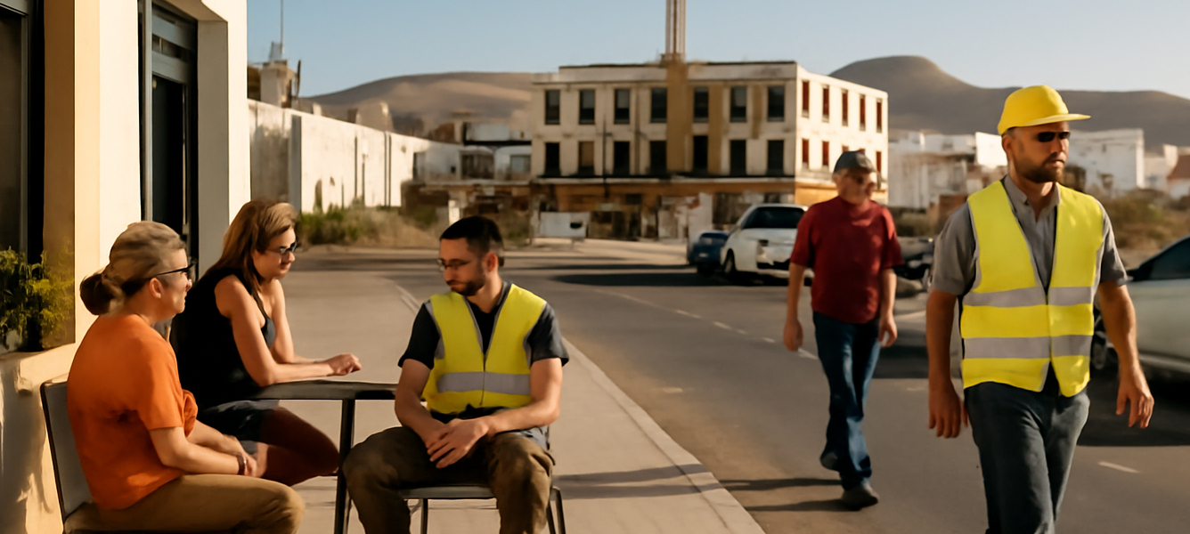 Persone e lavoratori in pausa in una strada di Pájara, con nuove abitazioni basse e un cantiere sullo sfondo
