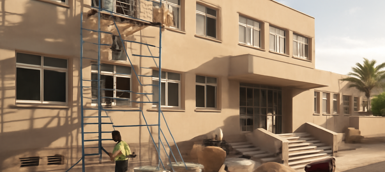Operai al lavoro su una scuola pubblica in ristrutturazione a Puerto del Rosario, Fuerteventura