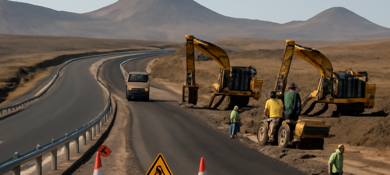 Fuerteventura, approvata la variante per la nuova connessione viaria 3 Grande cantiere stradale tra Puerto del Rosario e La Caldereta a Fuerteventura con asfalto in posa, barriere e macchinar