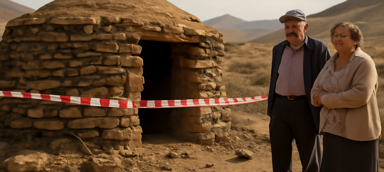 Caserón tradizionale in pietra e terra a Fuerteventura con una coppia anziana che osserva l’area, tra nastro di delimita