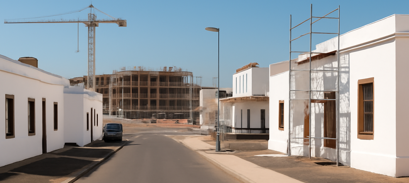 Quartiere residenziale di Fuerteventura con edifici ristrutturati, ponteggi e cantiere per nuove abitazioni