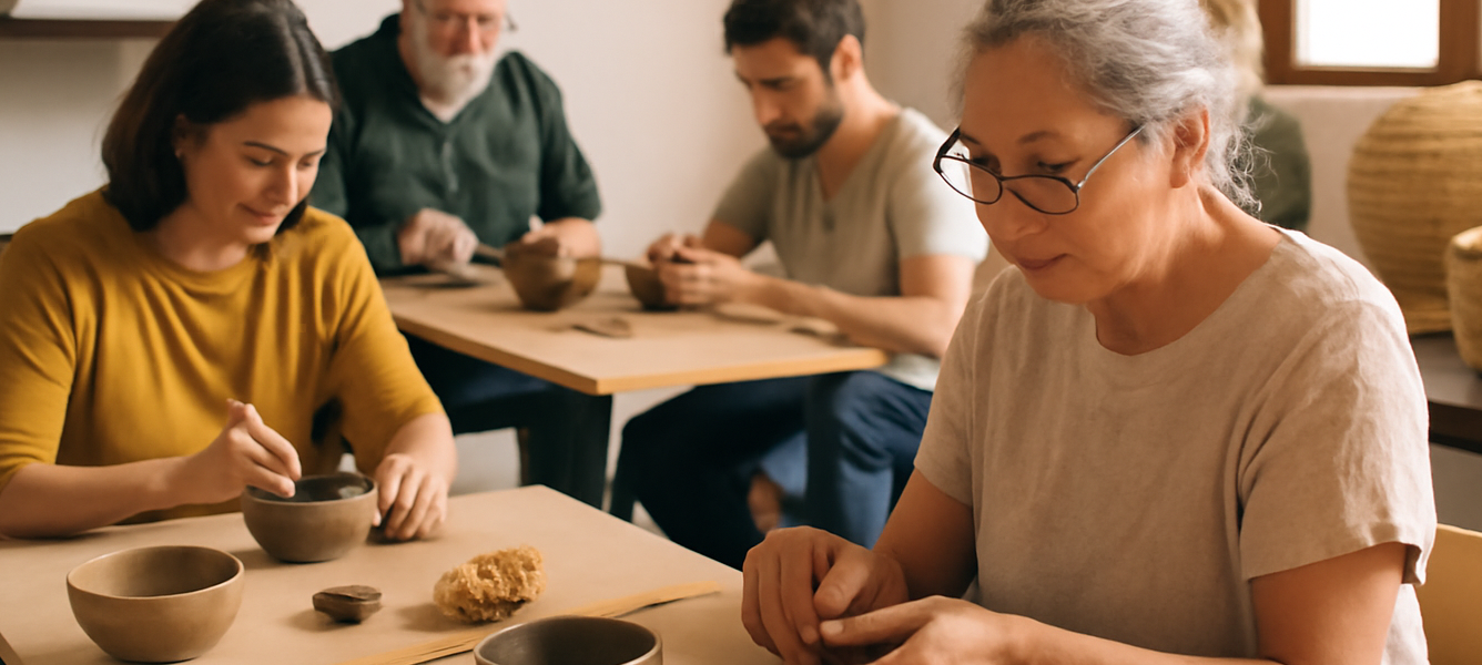Gruppo di residenti lavora la ceramica tradizionale majorera in un laboratorio culturale a Fuerteventura