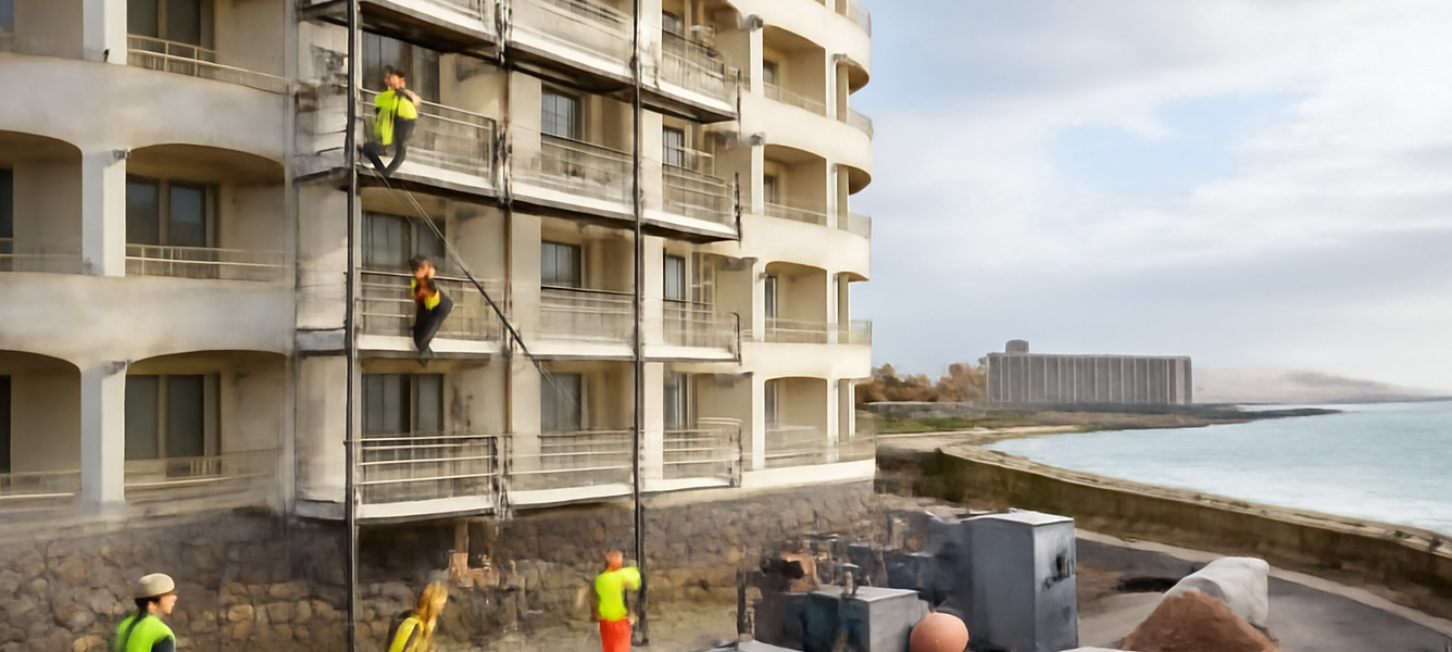 Hotel Tres Islas a Corralejo in ristrutturazione, con ponteggi leggeri e operai al lavoro sul lungomare