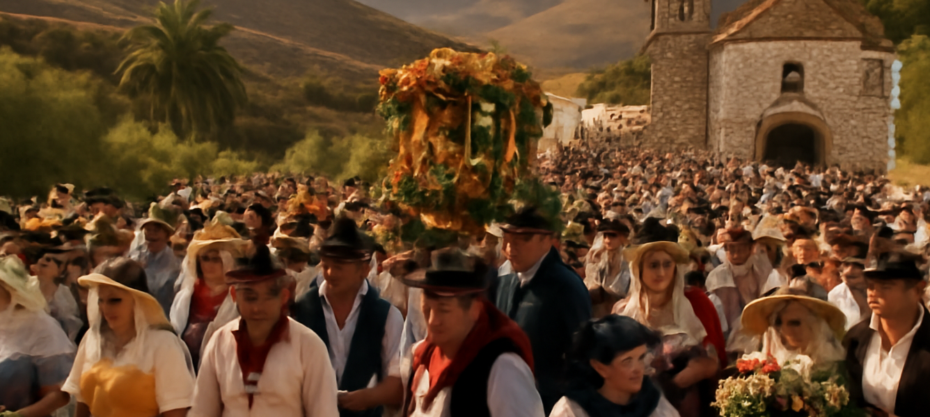 Romería a Vega de Río Palmas con pellegrini in abiti tradizionali verso un santuario in pietra, tra colline aride di Fuerteventura
