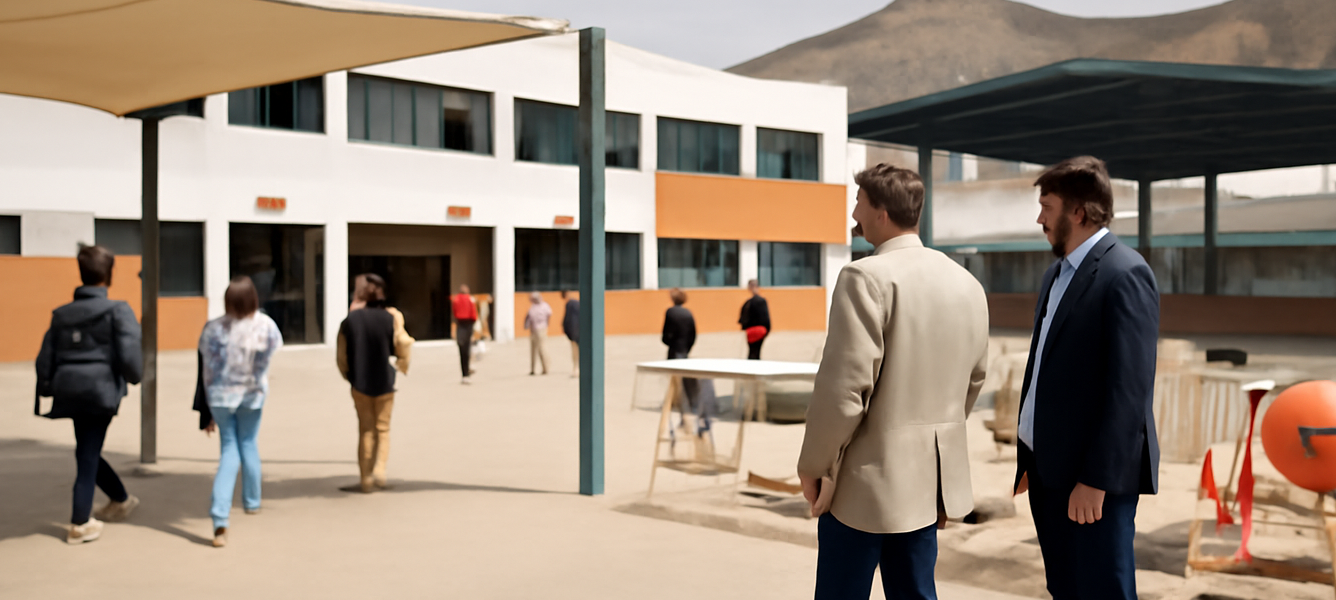 Cortile di una scuola pubblica a Fuerteventura con zone d’ombra e lavori di miglioramento in corso