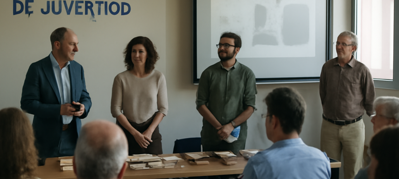 Pubblico seduto in una sala conferenze a Fuerteventura durante una presentazione di archeologia con libri e documenti su
