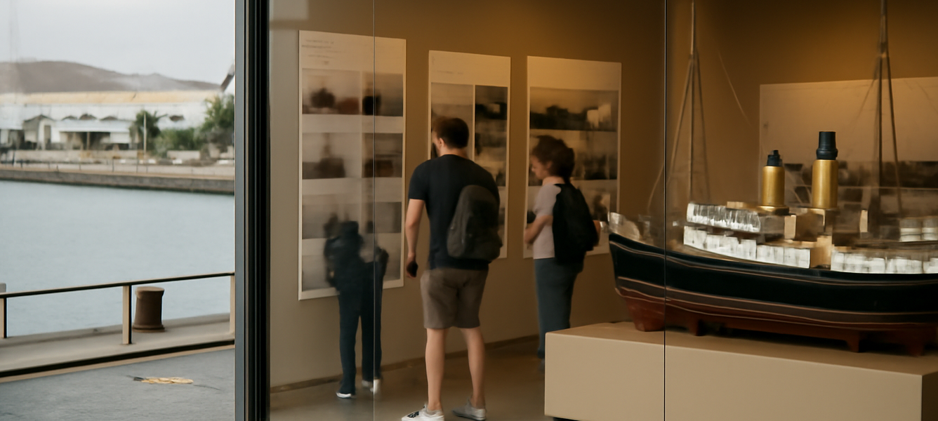 Fuerteventura riscopre la memoria marittima dei correíllos 3 Mostra a Puerto del Rosario sulla memoria marittima di Fuerteventura con pannelli storici e porto sullo sfondo