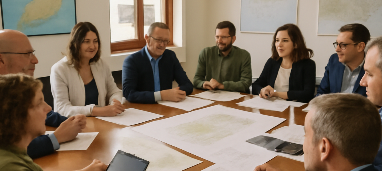 Fuerteventura rafforza la partecipazione cittadina con nuovi nodi municipali 3 Riunione istituzionale a Pájara con rappresentanti dei sei ayuntamientos e tecnici attorno a un tavolo con mappe e docum