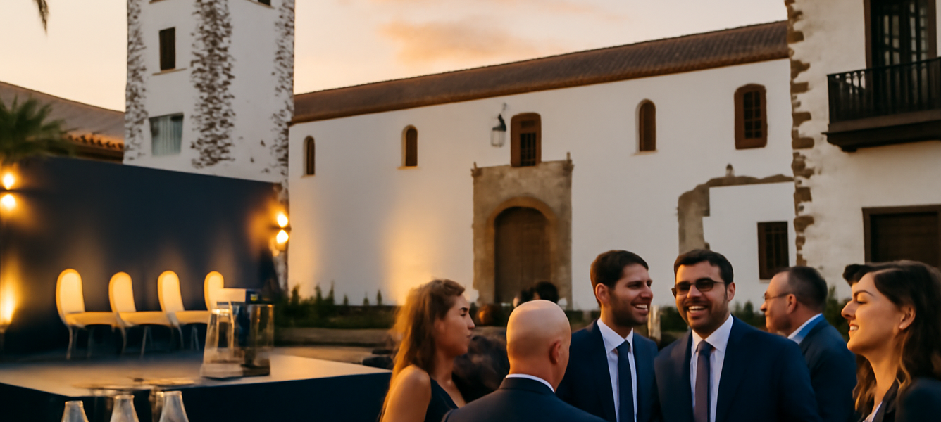 Cerimonia istituzionale all’aperto in Plaza de Santa María a Betancuria con palco, autorità e pubblico al tramonto