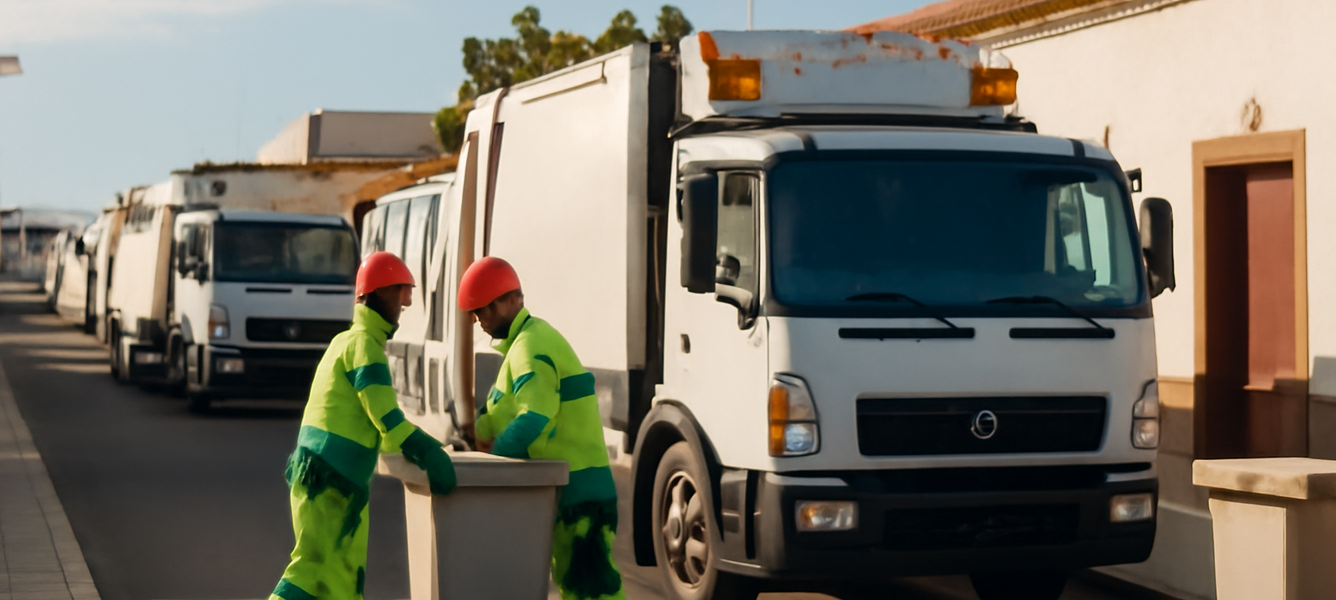 Due camion della raccolta rifiuti ad Antigua, Fuerteventura, con operai che svuotano cassonetti in una strada assolata
