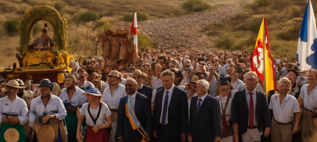 Pellegrini e residenti in processione sulla Romería de La Peña a Fuerteventura, con abiti tradizionali e carri addobbati