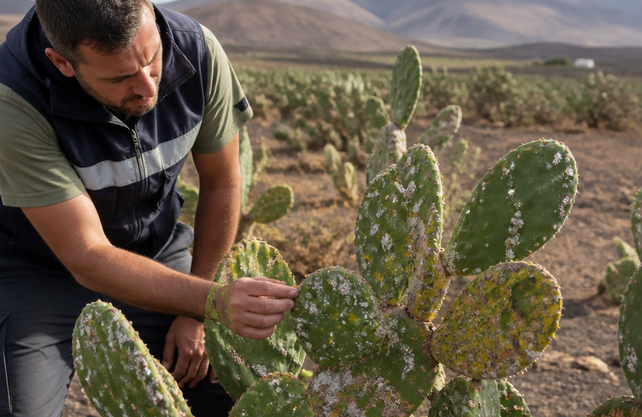 Tecnico del Cabildo osserva una tunera infestata dalla cocciniglia messicana in un paesaggio arido di Fuerteventura