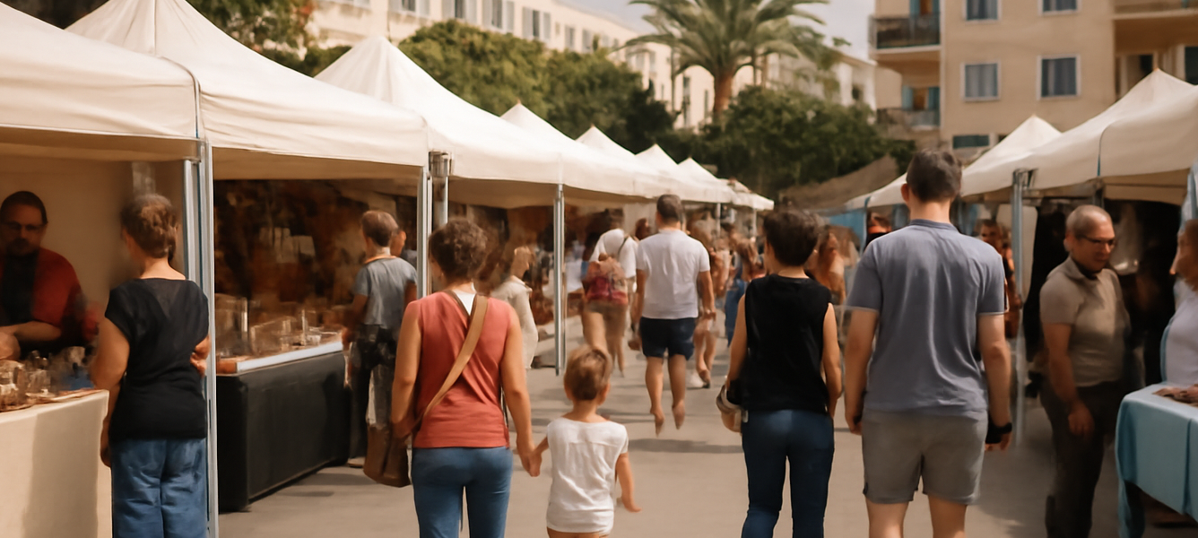 Stand della fiera del commercio locale in Plaza de la Paz a Puerto del Rosario, con famiglie e residenti tra gli esposit