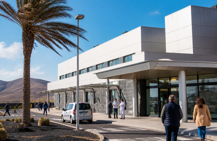 Esterno dell’Ospedale Generale di Fuerteventura con personale e passanti all’ingresso, paesaggio arido sullo sfondo