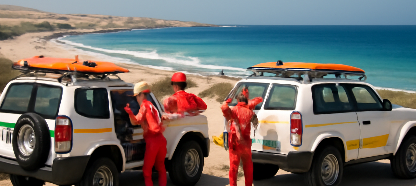 Due veicoli 4x4 per soccorso spiagge vicino a un accesso sabbioso a Puerto del Rosario, con operatori in uniforme